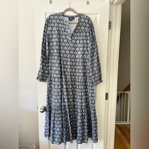 Madison Mathews Block Print Blue and White Maxi Dress